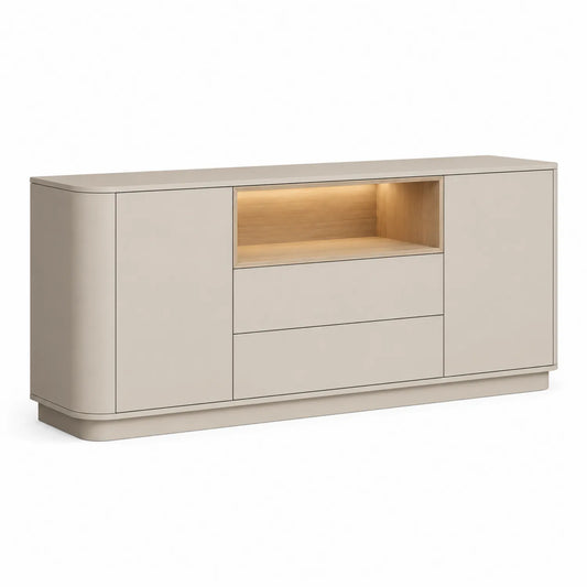 Kredens do jadalni komoda MDF laminowana beżowa LED 160 cm długość 80 cm wysokość 40 cm głębokość zaokrąglone krawędzie 2 drzwi 2 szuflady