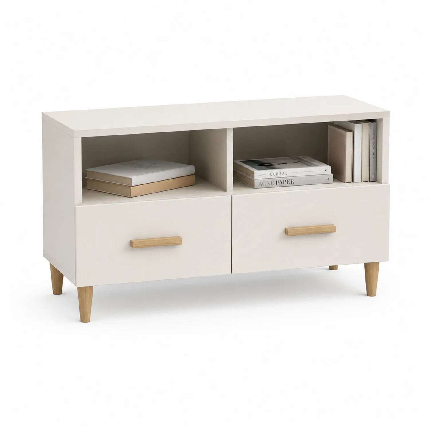 Szafka RTV MDF laminowana kremowa jasne drewno 120 cm 40 cm 55 cm z dwiema szufladami i otwartymi półkami