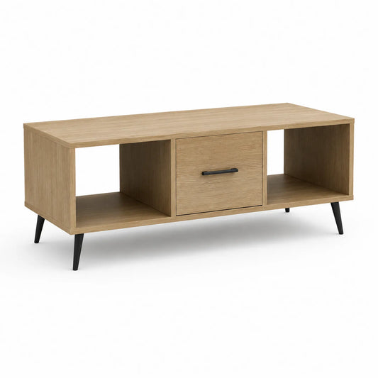 Stolik kawowy 120x40x45 cm MDF fornir dąb naturalny czarne metalowe nogi z szufladą i otwartymi półkami