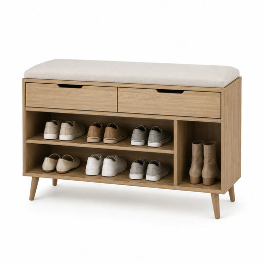 Szafka na buty z siedziskiem 2 szuflady MDF dekor dębu tkanina beżowa 100 x 35 x 50 cm