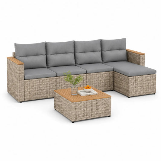 Zestaw mebli ogrodowych sofa narożna technorattan beżowy szary 220 cm x 170 cm x 75 cm z poduszkami i stolikiem z blatem drewnianym