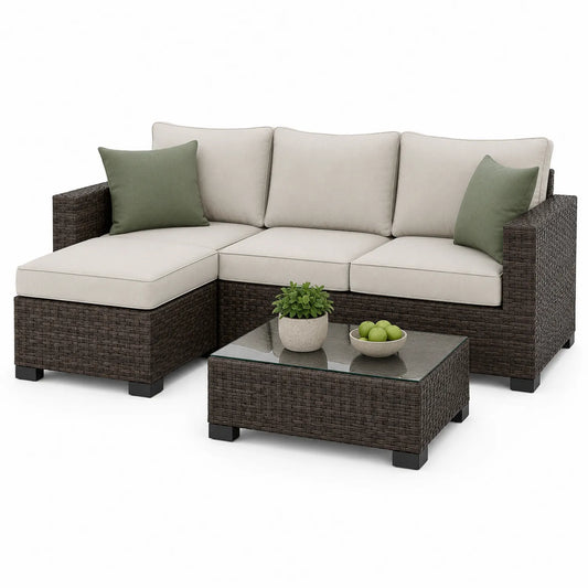 Zestaw mebli ogrodowych sofa narożna L technorattan PE szklany stolik brązowy jasnobeżowy 240 x 180 x 70 cm