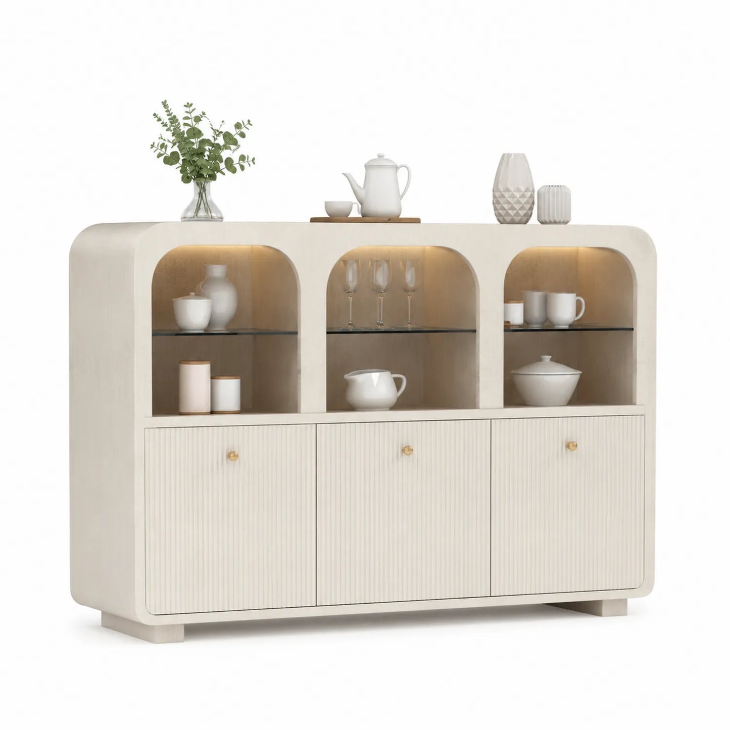 Kredens do jadalni 160 cm MDF beżowy złote uchwyty LED szklane półki 90 cm 40 cm