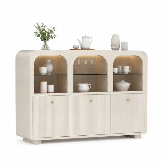 Kredens do jadalni 160 cm MDF beżowy złote uchwyty LED szklane półki 90 cm 40 cm