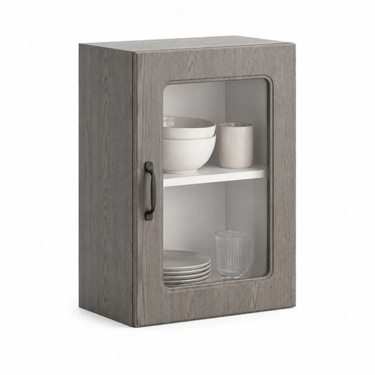 Szafka kuchenna przeszklona 60 cm x 35 cm x 80 cm MDF szara z drzwiami szklanymi i półką