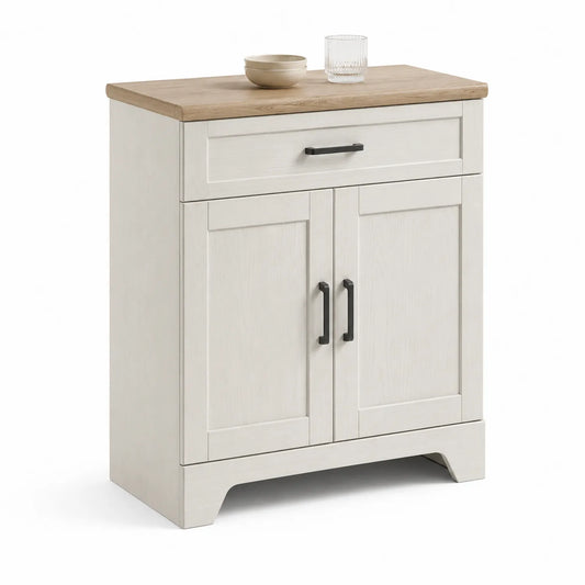 Szafka kuchenna stojąca prostokątna 90 x 40 x 85 cm z MDF kremowa z blatem w dekorze jasnego dębu i czarnymi uchwytami