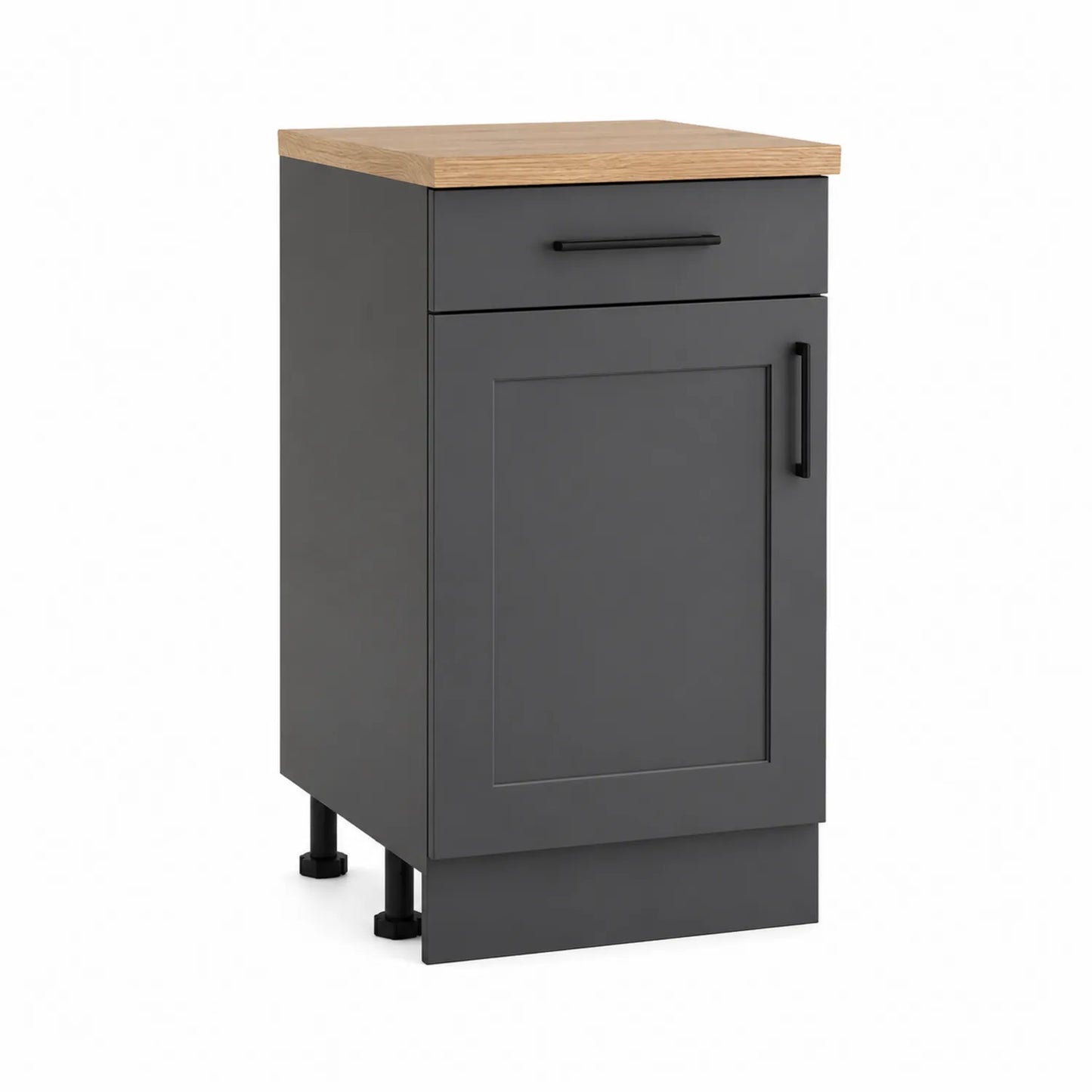 Szafka kuchenna stojąca MDF 40 x 50 x 85 cm szara z szufladą i drzwiczkami blat dekor dąb czarne metalowe nogi