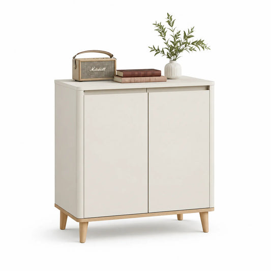 Kredens do jadalni 90 cm 40 cm 85 cm MDF beżowy z drewnianymi nogami dwudrzwiowy szafka stojąca