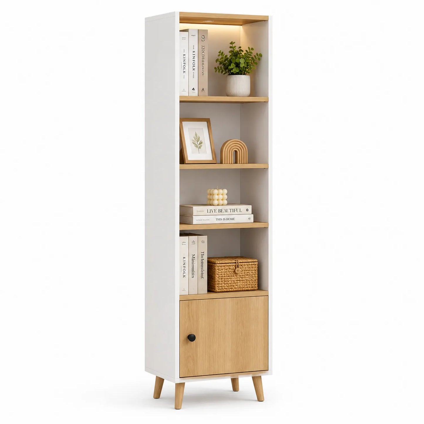 Szafka stojąca z półkami 50x30x180 cm MDF biała dąb naturalny z oświetleniem LED i dolną szafką