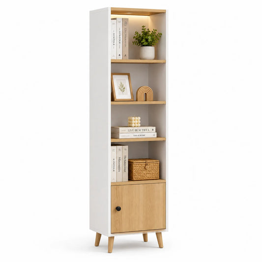 Szafka stojąca z półkami 50x30x180 cm MDF biała dąb naturalny z oświetleniem LED i dolną szafką