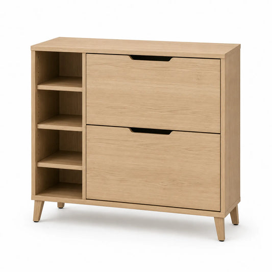 Szafka na buty MDF dekor dębu 2 uchylne fronty otwarte półki czarne uchwyty 100 x 35 x 90 cm