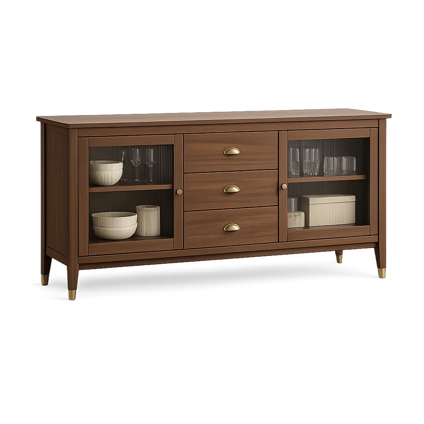 Kredens do jadalni 170 cm MDF jasny dąb beżowy złote uchwyty szklane półki 85 cm 40 cm