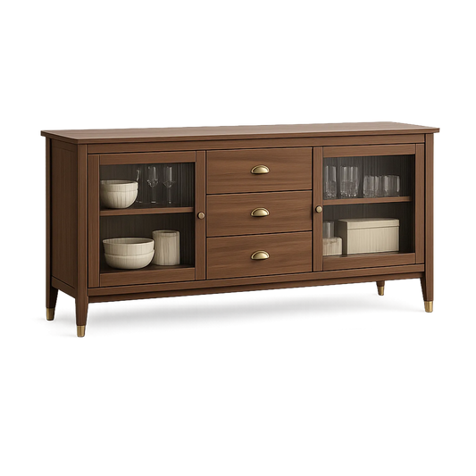 Kredens do jadalni 170 cm MDF jasny dąb beżowy złote uchwyty szklane półki 85 cm 40 cm