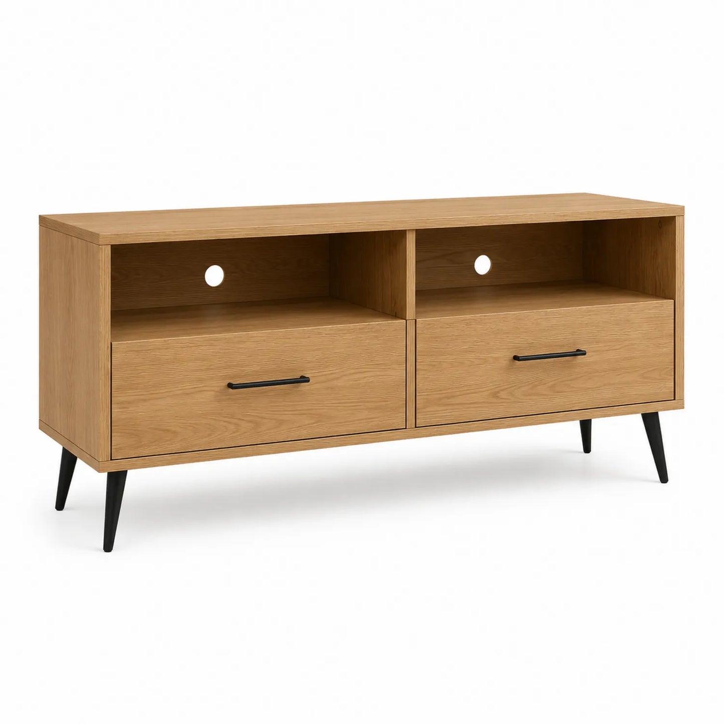 Szafka RTV prostokątna 160 x 40 x 50 cm z MDF laminowanego w kolorze naturalnego dębu z czarnymi metalowymi nogami i 2 szufladami