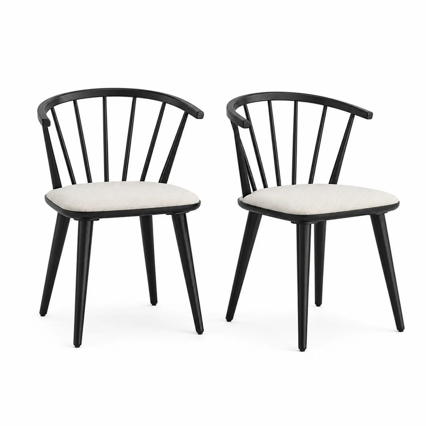 Krzesło do jadalni zestaw 2 sztuki drewno lite malowane czarne oparcie szczebelkowe siedzisko tapicerowane białe 88 cm