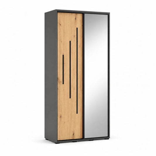Szafa przesuwna 100x60x200 cm MDF grafitowa dąb naturalny z lustrem drzwi przesuwne