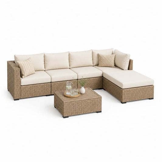Zestaw mebli ogrodowych sofa narożna L technorattan beżowy modułowy z leżanką i stolikiem kawowym