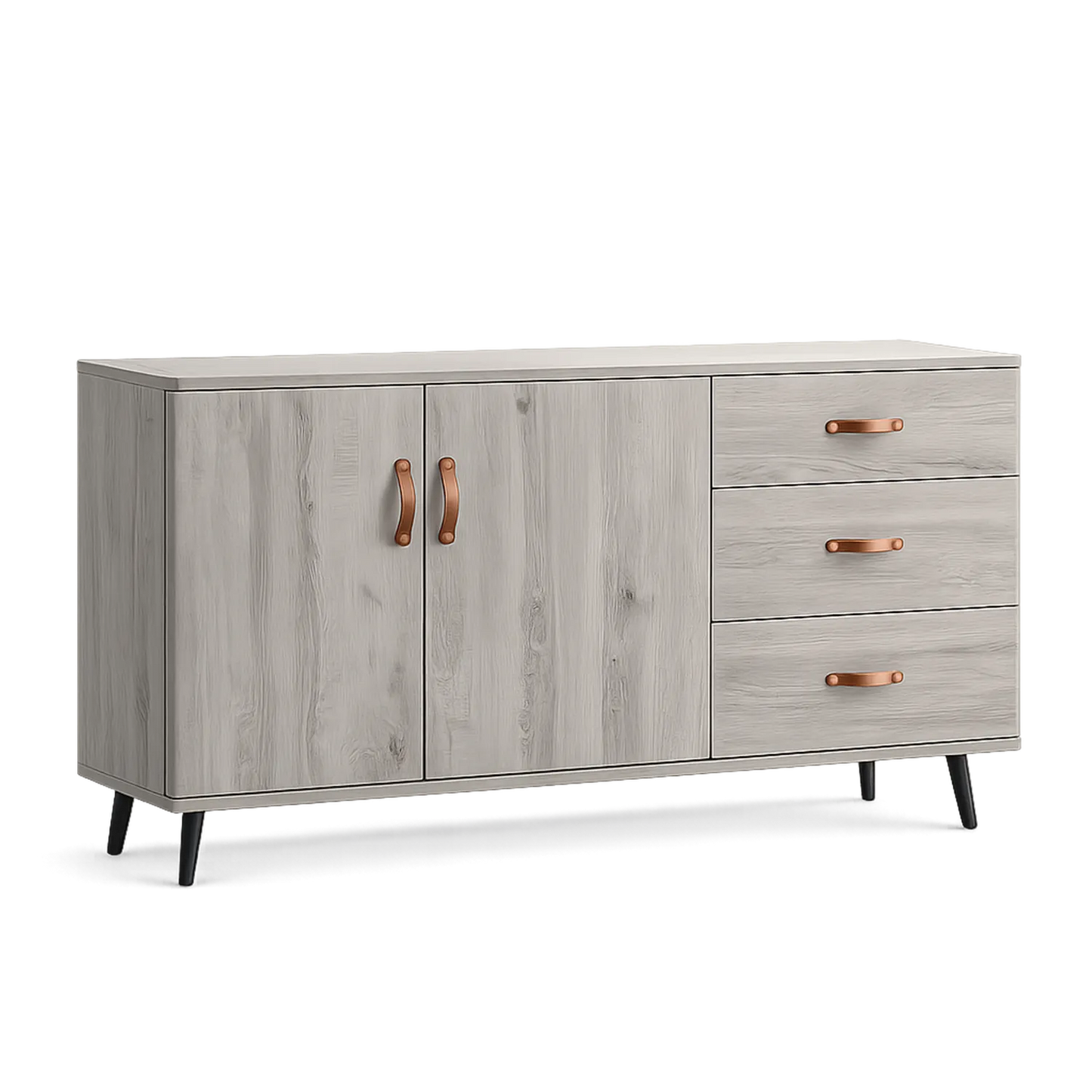 Kredens do jadalni 160 cm MDF szary dąb 85 cm x 40 cm x 85 cm prostokątny czarne metalowe nogi miedziane uchwyty