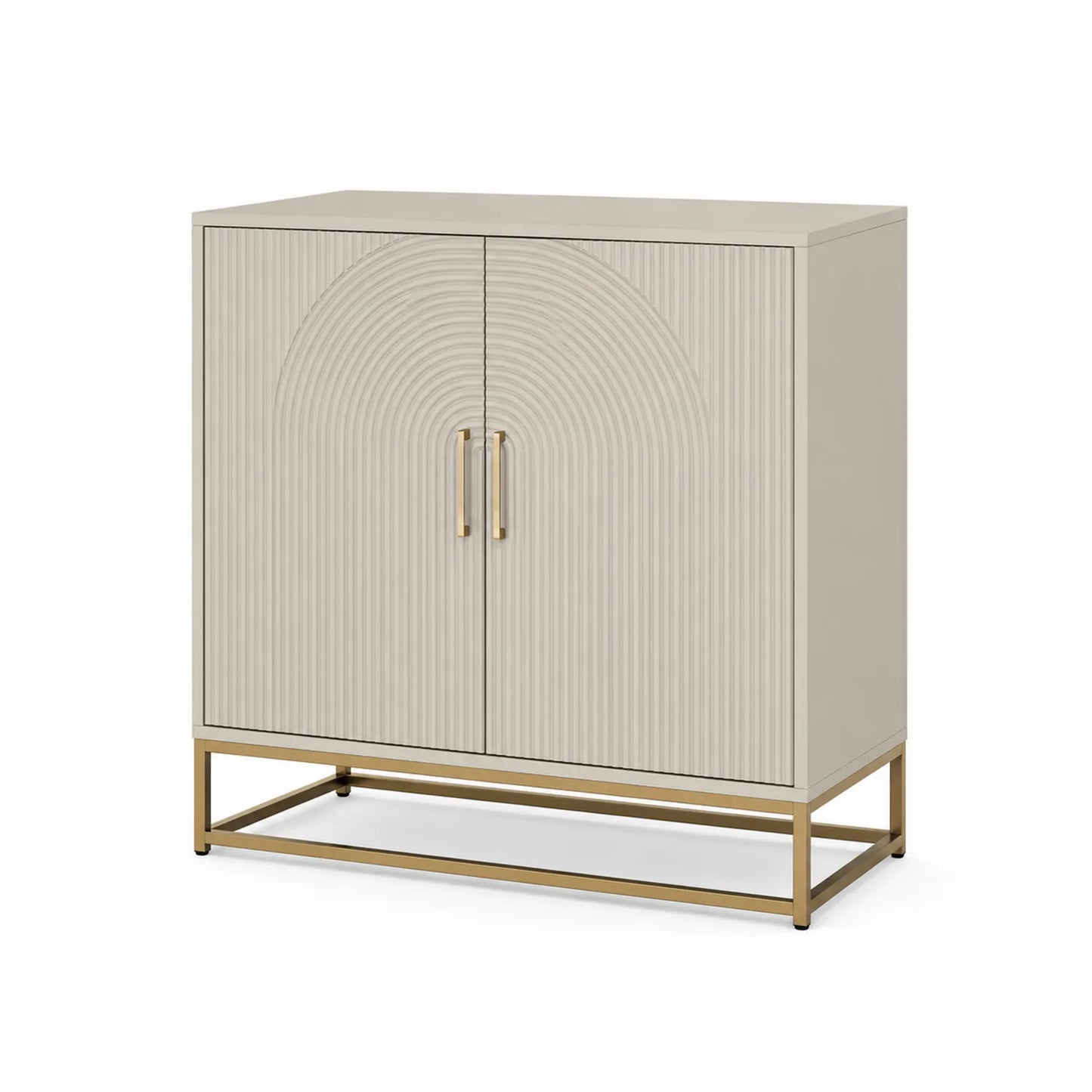 Kredens do jadalni MDF ryflowane drzwi łukowy wzór beżowy złota rama 120 x 40 x 85 cm