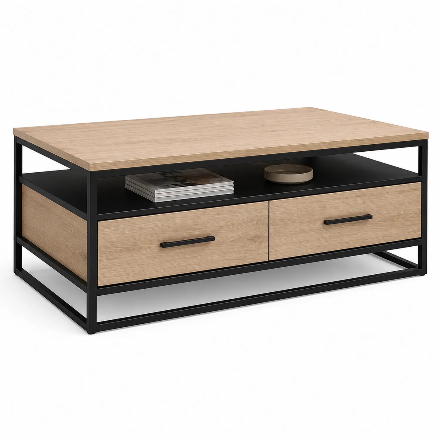 Stolik kawowy 120x60x45 cm MDF dąb naturalny czarna stal z 2 szufladami i otwartą półką