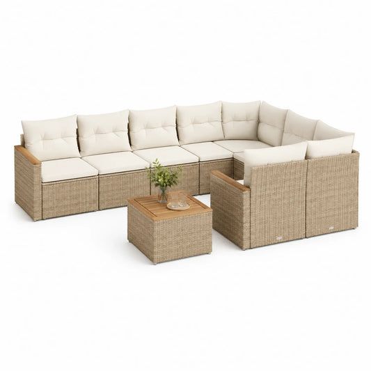Zestaw mebli ogrodowych sofa narożna L 240 cm 180 cm 70 cm technorattan beżowy z stolikiem kawowym drewniany blat modułowy