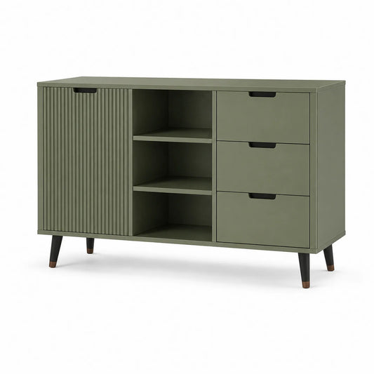 Kredens do jadalni 160 cm MDF oliwkowy ryflowany front 3 szuflady 2 półki czarne nogi 85 cm 40 cm