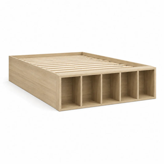 Łóżko z ramą MDF 160 cm x 200 cm dąb naturalny stelaż listwowy z otwartymi schowkami