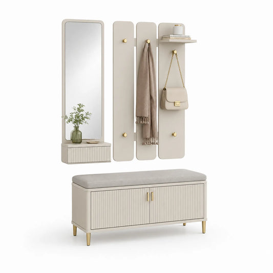 Zestaw do przedpokoju 100 cm 35 cm 180 cm MDF beżowy złote detale lustro panel wieszaki siedzisko z szafką