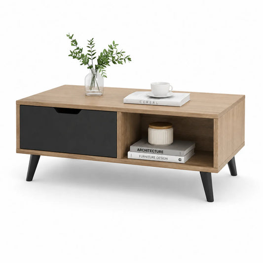 Stolik kawowy 120 x 60 x 45 cm MDF dąb naturalny czarny z szufladą i otwartą półką