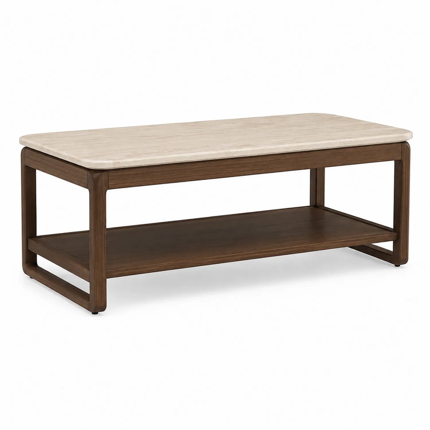 Stolik kawowy prostokątny MDF spiek kwarcowy efekt trawertynu beżowy 120x60x45 cm z półką dolną orzechową