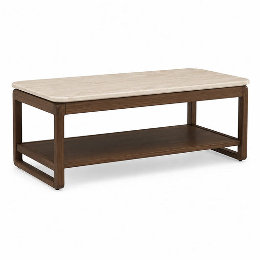 Stolik kawowy prostokątny MDF spiek kwarcowy efekt trawertynu beżowy 120x60x45 cm z półką dolną orzechową