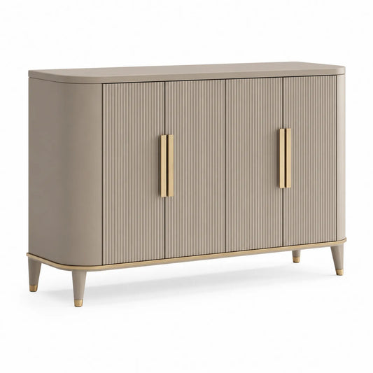 Kredens do jadalni komoda MDF beżowy ryflowane fronty złote uchwyty 160 cm szerokość 40 cm głębokość 85 cm wysokość szafka stojąca