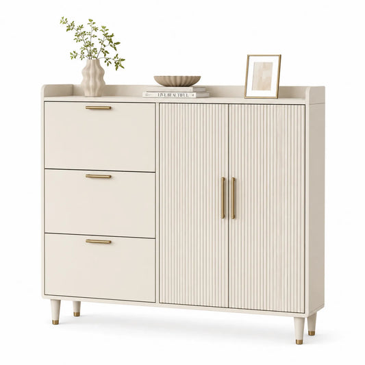 Szafka na buty 120 x 35 x 90 cm MDF beżowo kremowa z 3 szufladami i dwudrzwiową szafką ryflowane fronty złote uchwyty