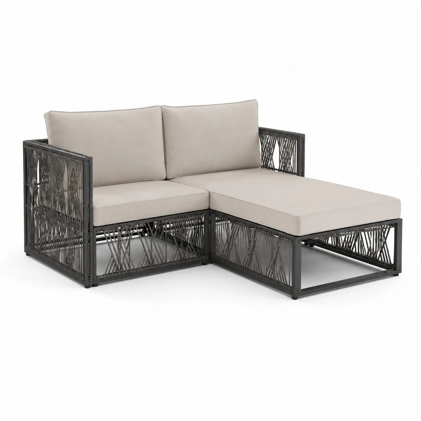 Sofa ogrodowa narożna L modułowa plecionka PE aluminium beżowe poduszki czarna szara 230 x 180 x 70 cm