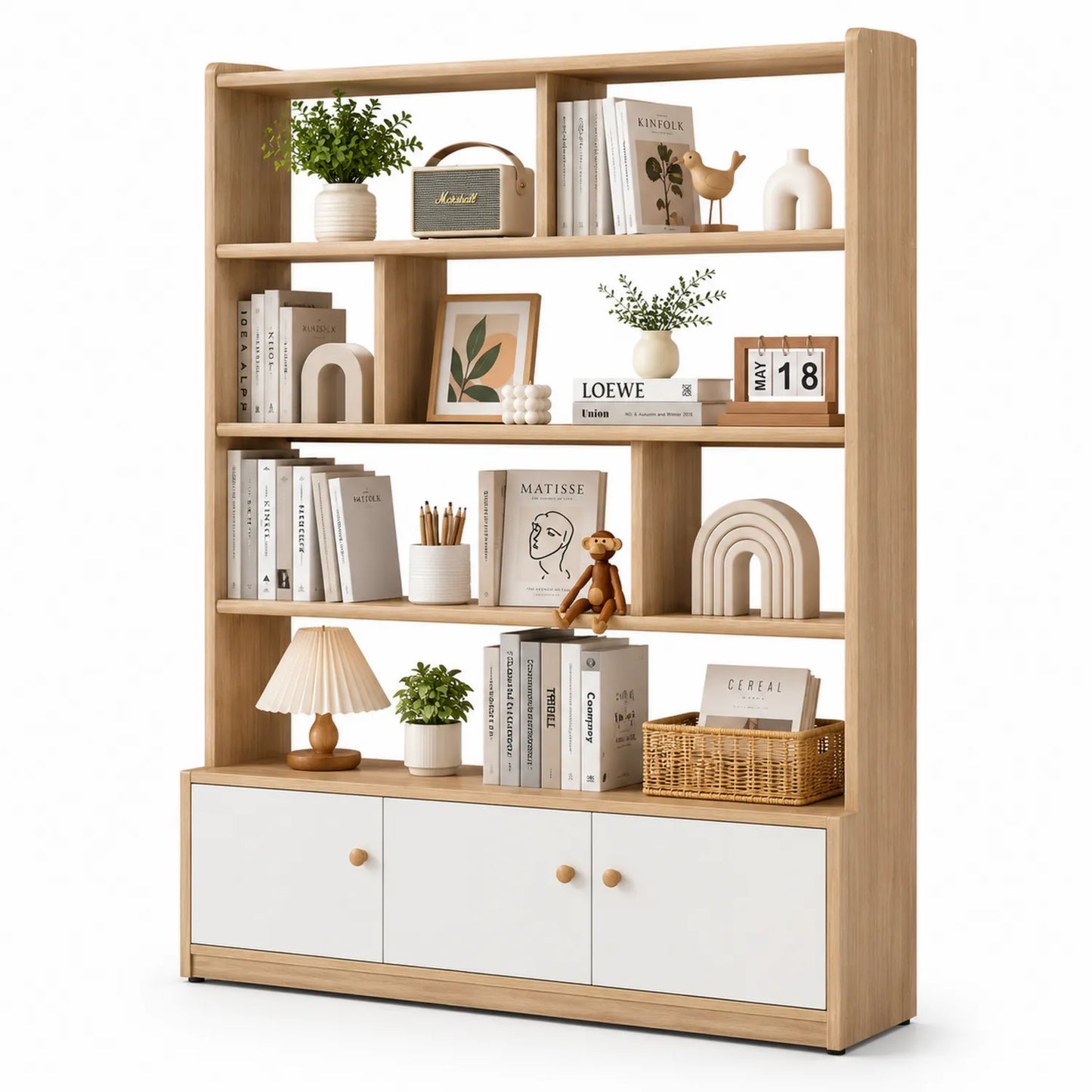 Regał stojący MDF laminowany dąb naturalny biały 120 cm 30 cm 160 cm z dolną szafką i otwartymi półkami