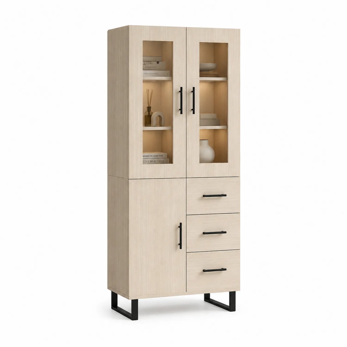 Kredens do jadalni 180 cm MDF jasny dąb witryna szklane drzwi szuflady czarne uchwyty 80 cm 40 cm