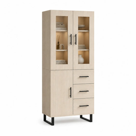 Kredens do jadalni 180 cm MDF jasny dąb witryna szklane drzwi szuflady czarne uchwyty 80 cm 40 cm