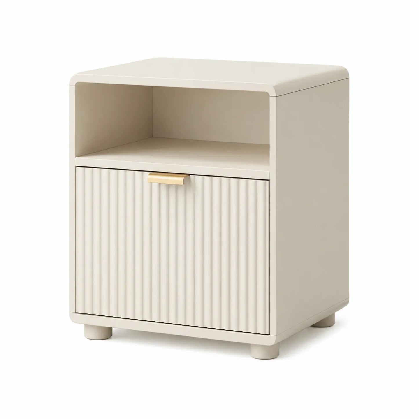Szafka nocna prostokątna 45 x 40 x 50 cm z MDF beżowa z ryflowaną szufladą otwartą półką i złotym uchwytem