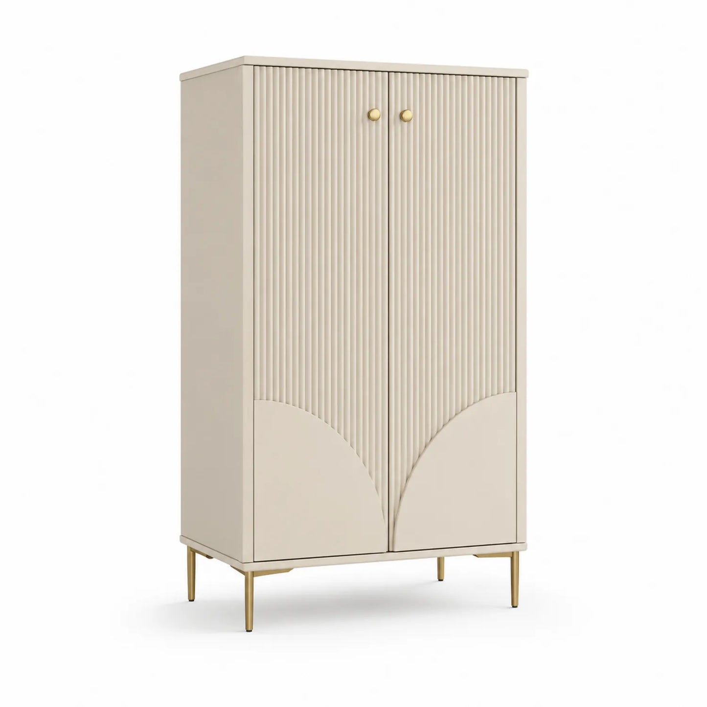 Wysoka szafka na buty MDF fornir dąb beżowa 80x35x180 cm złote nogi dwudrzwiowa