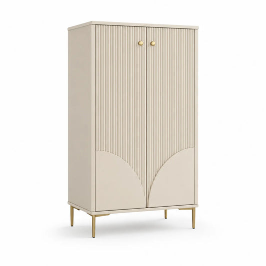 Wysoka szafka na buty MDF fornir dąb beżowa 80x35x180 cm złote nogi dwudrzwiowa