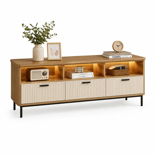Szafka RTV 180 cm 40 cm 50 cm płyta MDF laminowana dąb naturalny białe ryflowane fronty czarne metalowe nogi otwarta półka